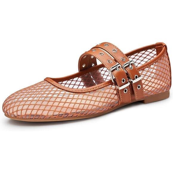 Trary Shoes - Trary Tan Mesh Mary Jane Flats with Buckle Straps